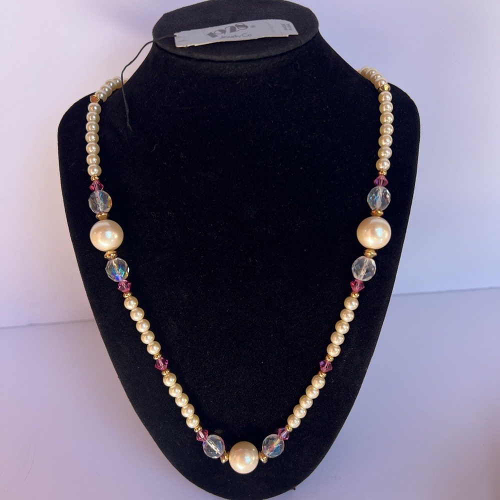VTG NOS 1928 Faux Pearl Necklace 24" Pink AB Crystal Faceted Beads USA Signed